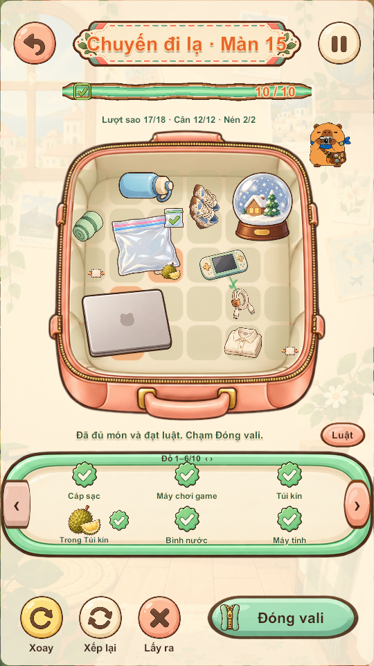 Capy Pack It gameplay: a suitcase puzzle with travel items packed under the level rules
